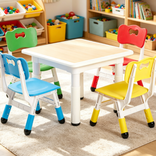 Height-Adjustable Arts & Crafts Table and 4 Chairs Set, Easy-Wipe, Multicolour, Ages 3-8 (5-Piece)