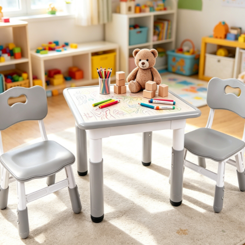 Grey 23.6" Square Height-Adjustable Table and Chairs Set, Non-Slip Graffiti Desktop, Ages 2-8