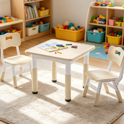 Height-Adjustable Table and 2 Chairs Set, 23.6" Square, Burlywood Graffiti Desktop