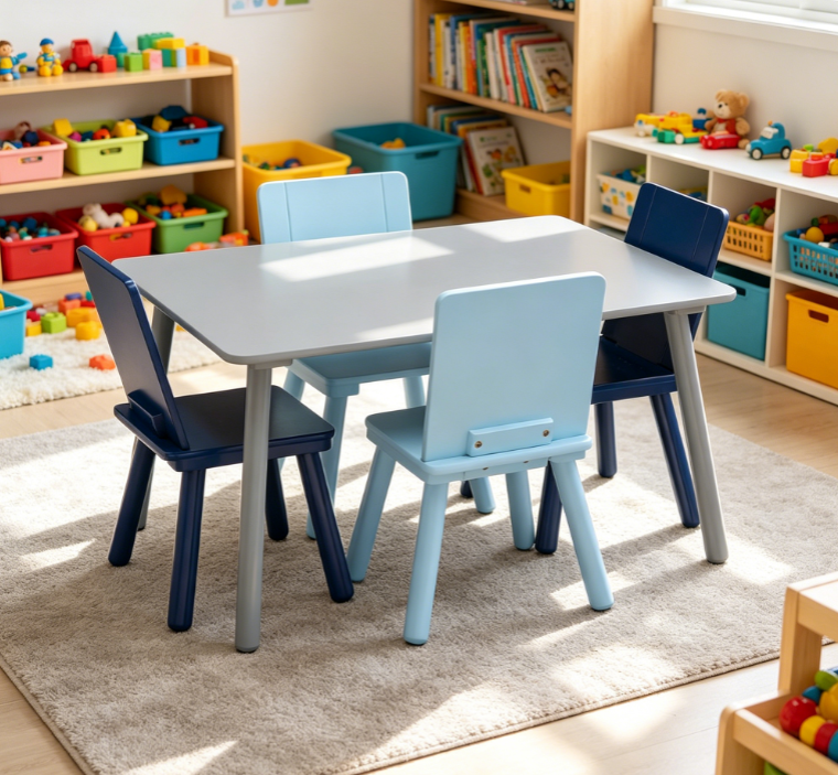 Grey and Blue Kids Table and Chair Set with 4 Chairs